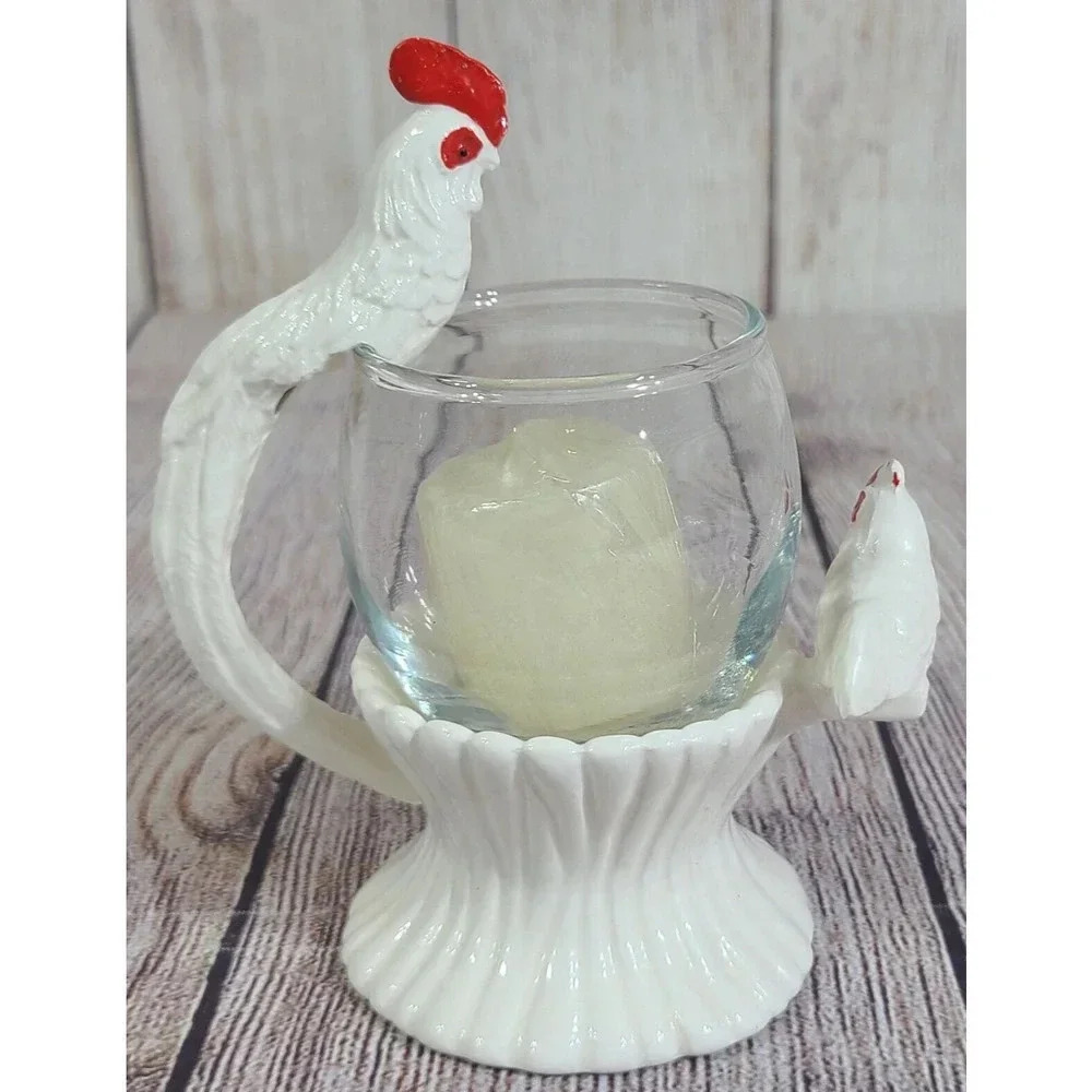 Vintage FF Japan Chicken Rooster Glass Votive Candle Holder White Red 5.5" 1980